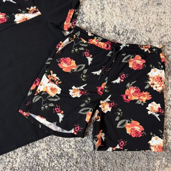 SET OF 2 - SHEIN, Men’s Floral Black Short Sleeve T-Shirt and Shorts Set, Large - Picture 3 of 13